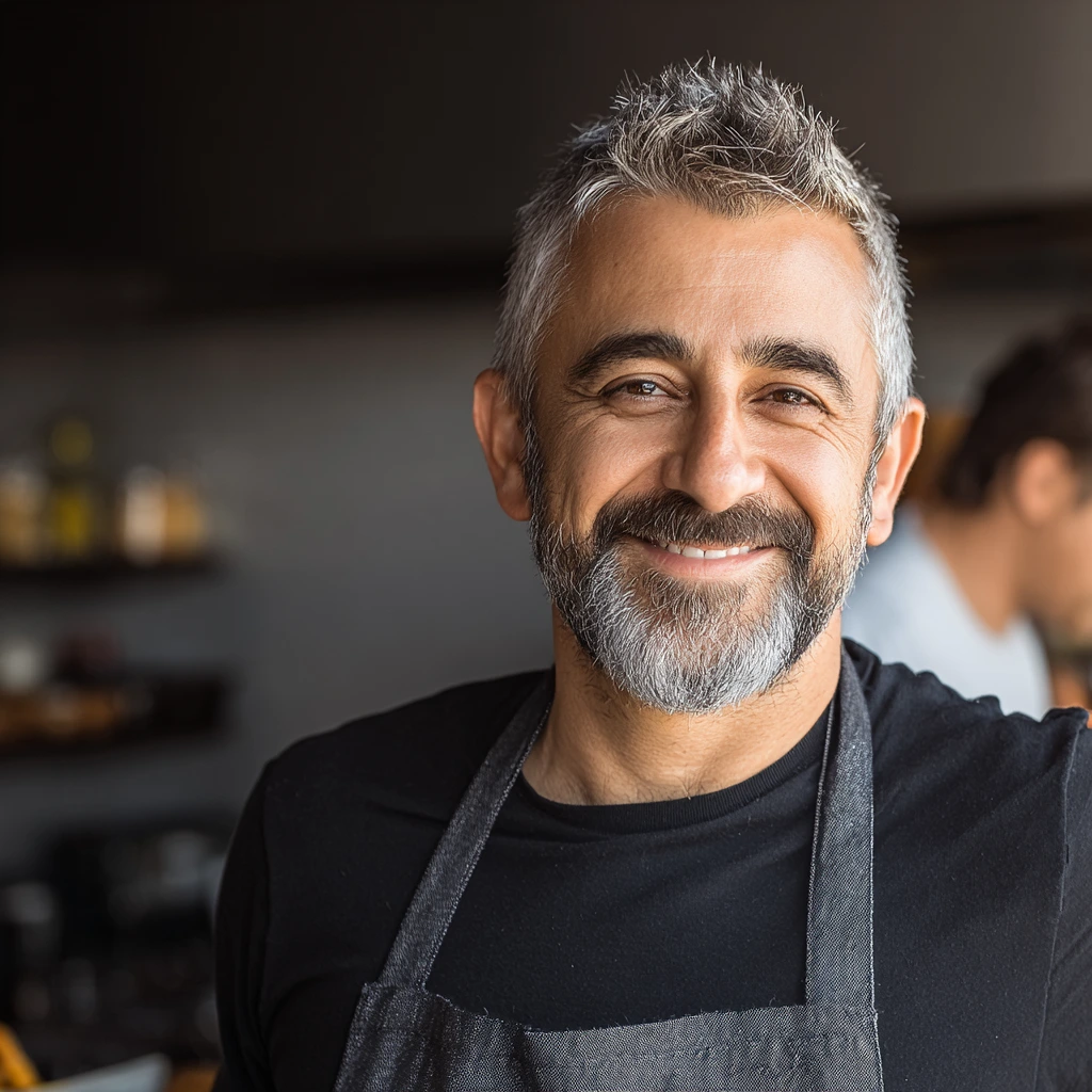 Home cook and creator of Prestigious Recipes standing in his kitchen wearing an apron