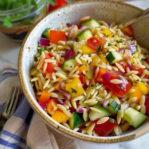 Orzo salad recipe with fresh vegetables and feta