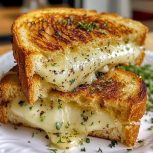 Close-up of a garlic bread grilled cheese sandwich with melted mozzarella stretching between golden toasted slices topped with parsley.