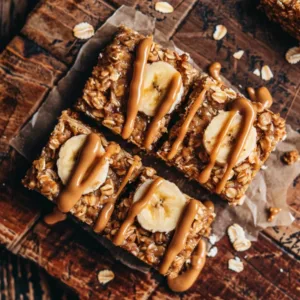Freshly baked banana oatmeal bars cut into squares on a metal baking tray.