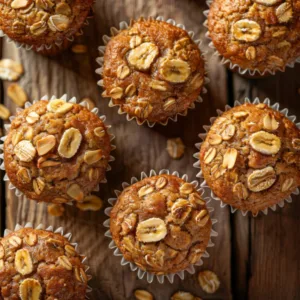 Freshly baked banana oatmeal muffins topped with sliced bananas and oats, arranged on a rustic wooden surface.