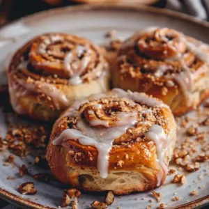 Freshly baked one hour cinnamon rolls topped with vanilla glaze and sprinkled with chopped pecans on a rustic plate.