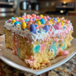 Easter Poke Cake with whipped topping and candy eggs