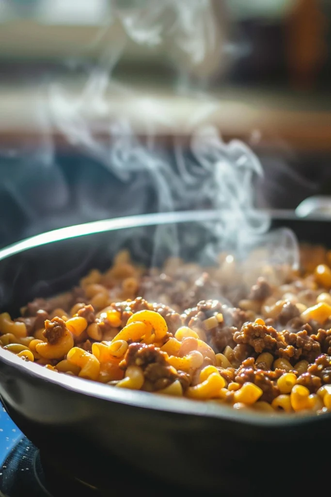 Cooking homemade hamburger helper in skillet