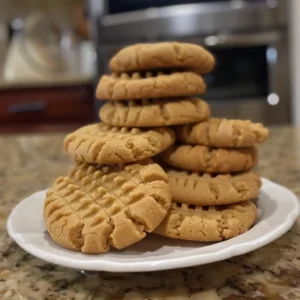 Soft and chewy peanut butter cookies stacked on a plate
