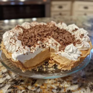 Amish Peanut Butter Cream Pie topped with whipped cream and peanut butter