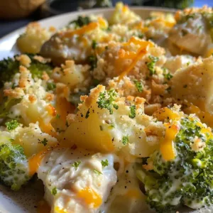 Baked Potato Chicken Broccoli Casserole with cheese on a baking dish.