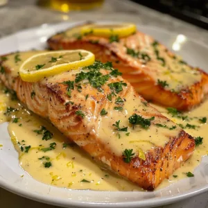 Baked salmon with lemon butter cream sauce served on a plate