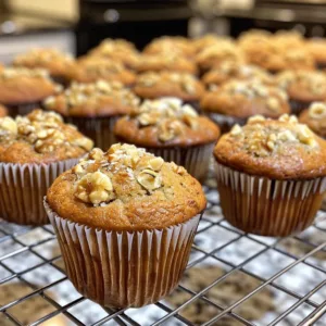 Freshly baked banana nut muffins with walnuts on a cooling rack