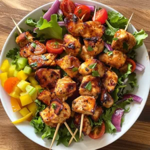 BBQ Chicken Skewer Salad with mixed greens and grilled chicken skewers