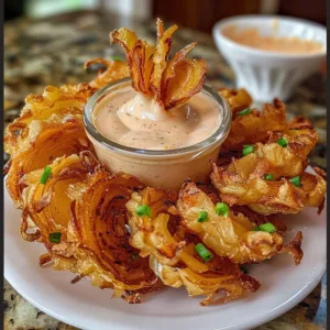 Delicious Blooming Onion Sauce served with a crispy blooming onion appetizer.