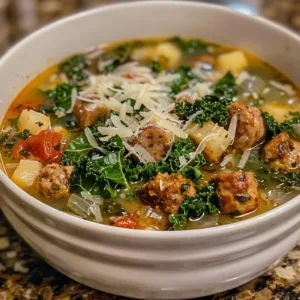 Bowl of Cauliflower Sausage Kale Soup garnished with herbs