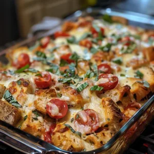 Delicious Chicken Bruschetta Casserole topped with fresh tomatoes and basil