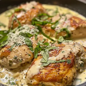 Plate of chicken in basil cream sauce garnished with fresh basil leaves