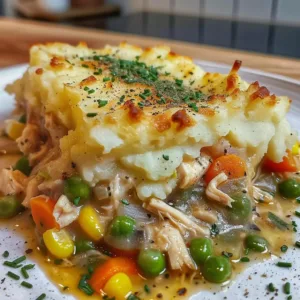 Homemade Chicken Shepherd's Pie served in a ceramic dish