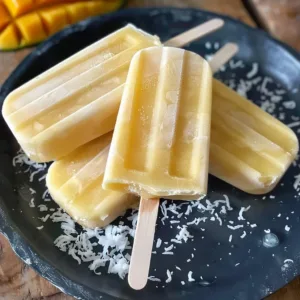 Delicious Coconut Mango Popsicles ready to enjoy on a sunny day.