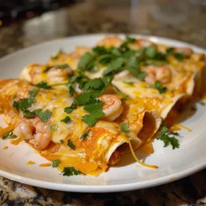 Creamy shrimp enchiladas served with toppings and garnishes