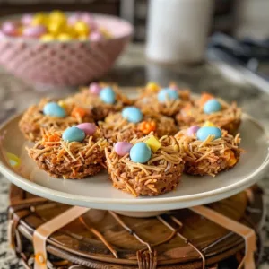 Delicious Easter Bird Nests Cookies topped with colorful candy eggs.