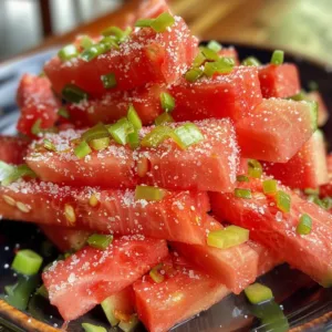 Delicious watermelon fries served on a plate, showcasing a fun summer snack idea.