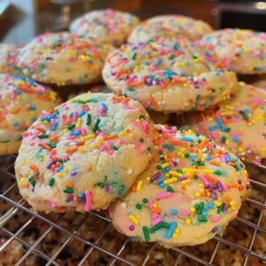 Colorful funfetti cake cookies decorated for Easter celebrations.