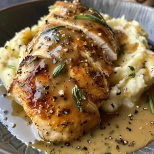 Glazed garlic herb chicken breast with creamy mashed potatoes and pan sauce