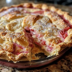 A slice of Grandma's rhubarb custard pie on a rustic wooden table