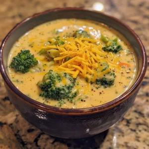 Bowl of creamy Instant Pot broccoli cheddar soup garnished with cheese and herbs