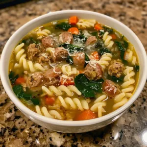 A bowl of delicious Italian Wedding Soup with meatballs and greens.