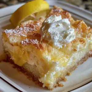 Delicious lemon cream cheese dump cake served on a plate with fresh lemons