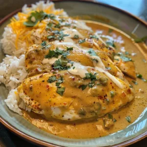 Delicious Mexican Chicken topped with creamy cheese sauce served on a plate