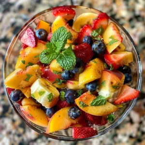 Fresh Peach Fruit Salad with mixed fruits and mint leaves