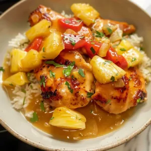 Delicious pineapple chicken served with colorful veggies and rice on a plate