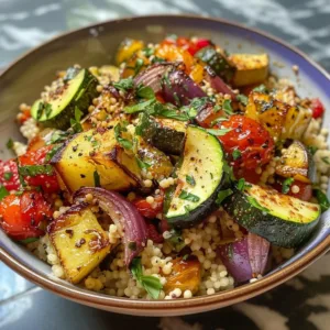 Roasted vegetable lemon tahini couscous served in a bowl with fresh herbs.
