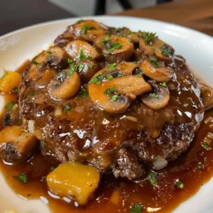 Delicious Salisbury Steak served with gravy and mashed potatoes