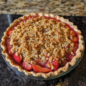 Homemade Strawberry Rhubarb Pie with Crumb topping, fresh out of the oven
