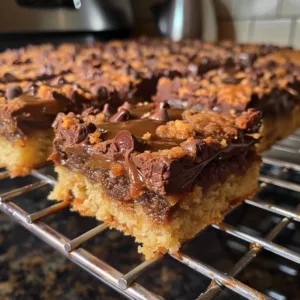 Delicious Twix Cookie Bars with chocolate and caramel layers