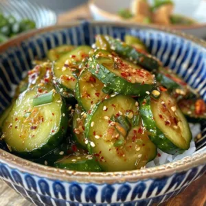 Asian pickled cucumber in a glass jar with spices and herbs.