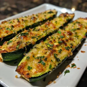 Baked Parmesan Zucchini garnished with herbs on a plate