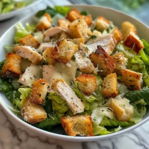 Best Chicken Caesar Salad with homemade croutons on a white plate