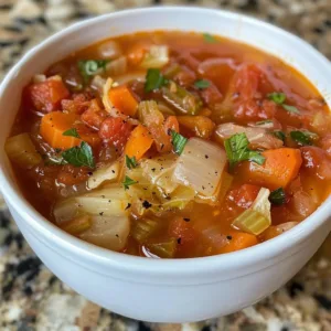 Bowl of homemade cabbage soup garnished with fresh herbs