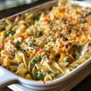 Creamy Chicken Noodle Casserole topped with breadcrumbs and herbs