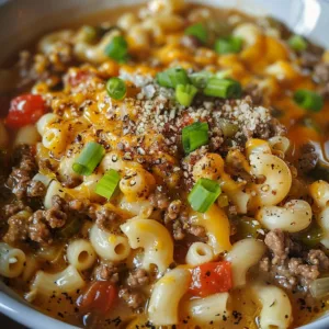Delicious cozy cheeseburger macaroni soup in a bowl garnished with parsley