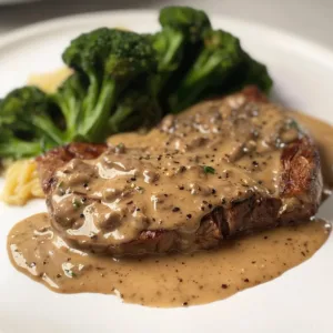 Creamy peppercorn sauce drizzled over a perfectly cooked steak