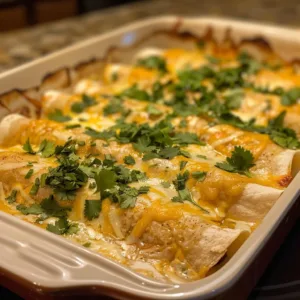 Creamy queso chicken enchiladas topped with melted cheese and fresh herbs
