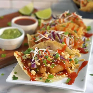 Crispy chicken wonton tacos with fresh toppings on a plate