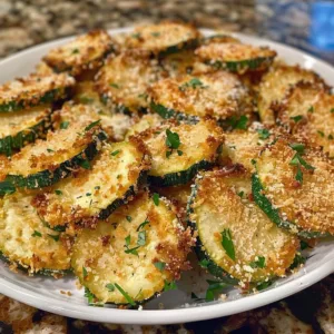 Crispy air fryer zucchini parmesan served on a plate with herbs