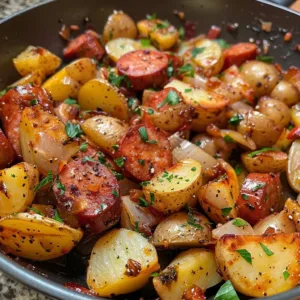 Easy Kielbasa and Potatoes Skillet cooking in a pan