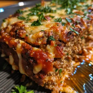 Delicious Garlic Parmesan Meatloaf served on a wooden cutting board with herbs