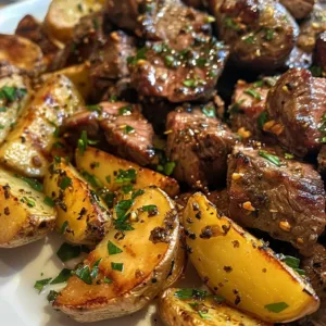Garlic steak bites served with roasted potatoes on a plate