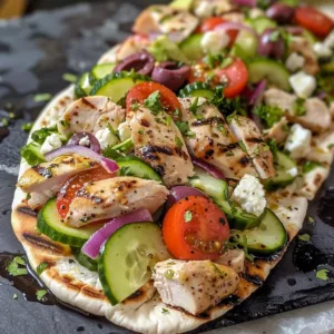 Greek Chicken Flatbread with grilled chicken, veggies, and tzatziki sauce